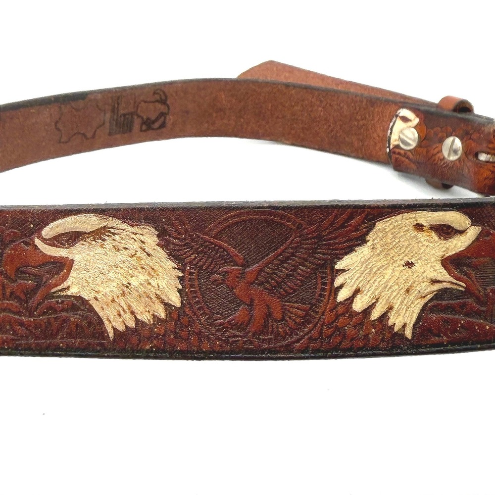 Vintage Tooled Leather Eagle Belt Unisex 36 Brown Western Mountains Distressed